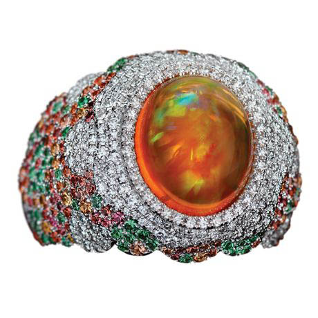 Золотое кольцо с мексиканским огненным опалом, бриллиантами, фантазийными сапфирами, тсаворитами, Jay Carlile